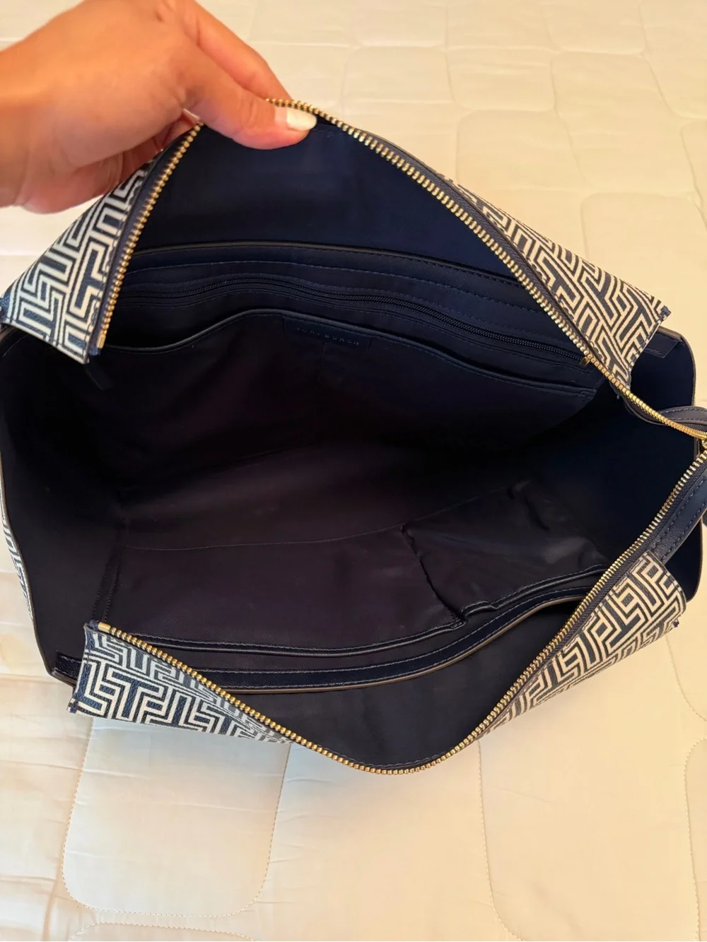 Tory Burch Navy and White Logo-Print Tote